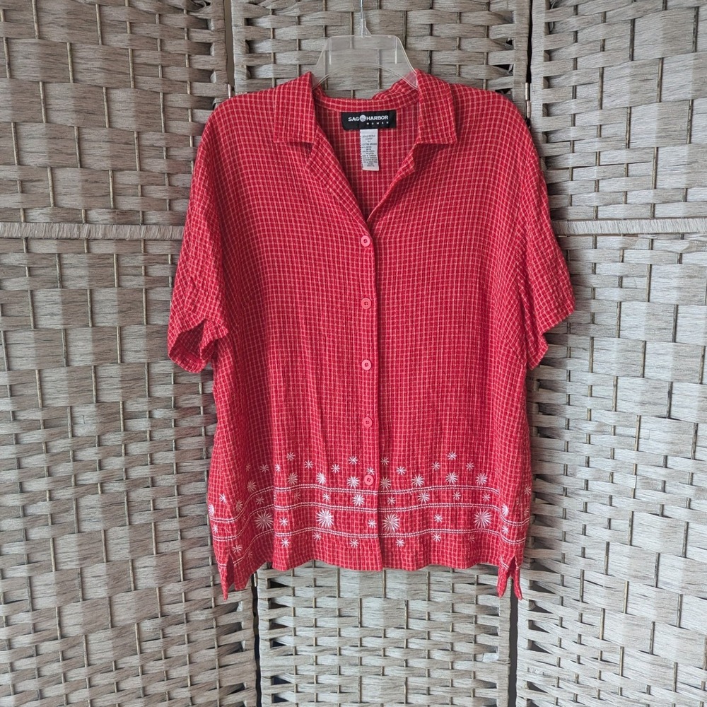 Button Front Top Short Sleeve Red Grid Plaid‎ Floral Embroidered Hem Sz 1X Retro